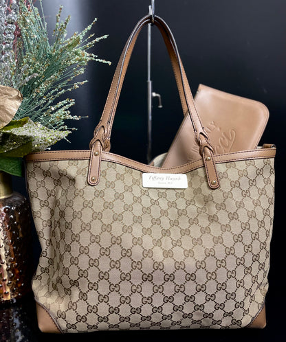 Authentic Gucci GG Monogram Canvas Tote Shoulder w/ Pouch