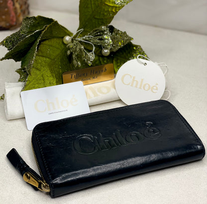 Authentic Chloé Black Calf Leather Zip Around Wallet