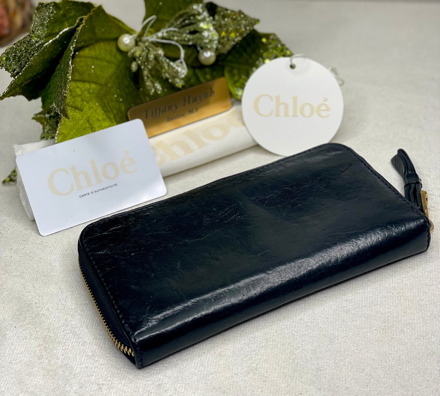 Authentic Chloé Black Calf Leather Zip Around Wallet